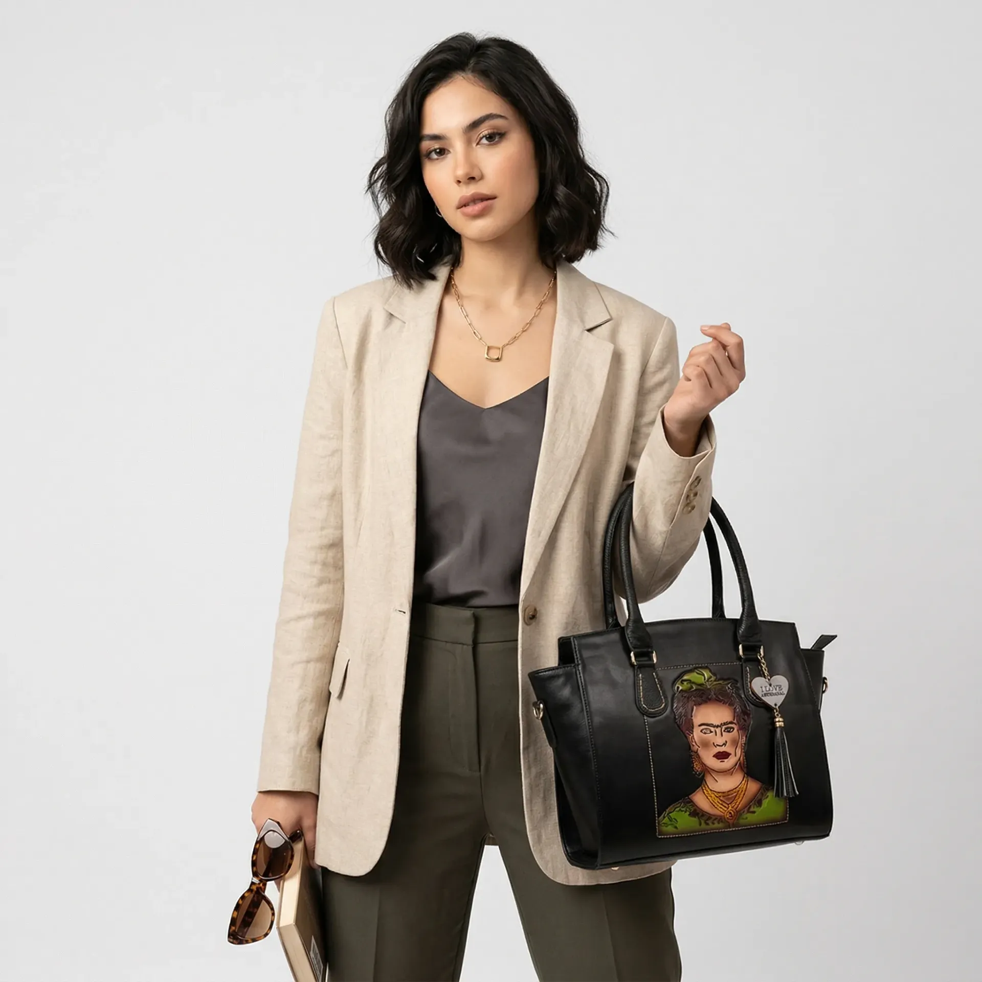 BOLSO VAQUETA ARTESANAL FERNANDA FRIDA BICOLORES NEGRO P