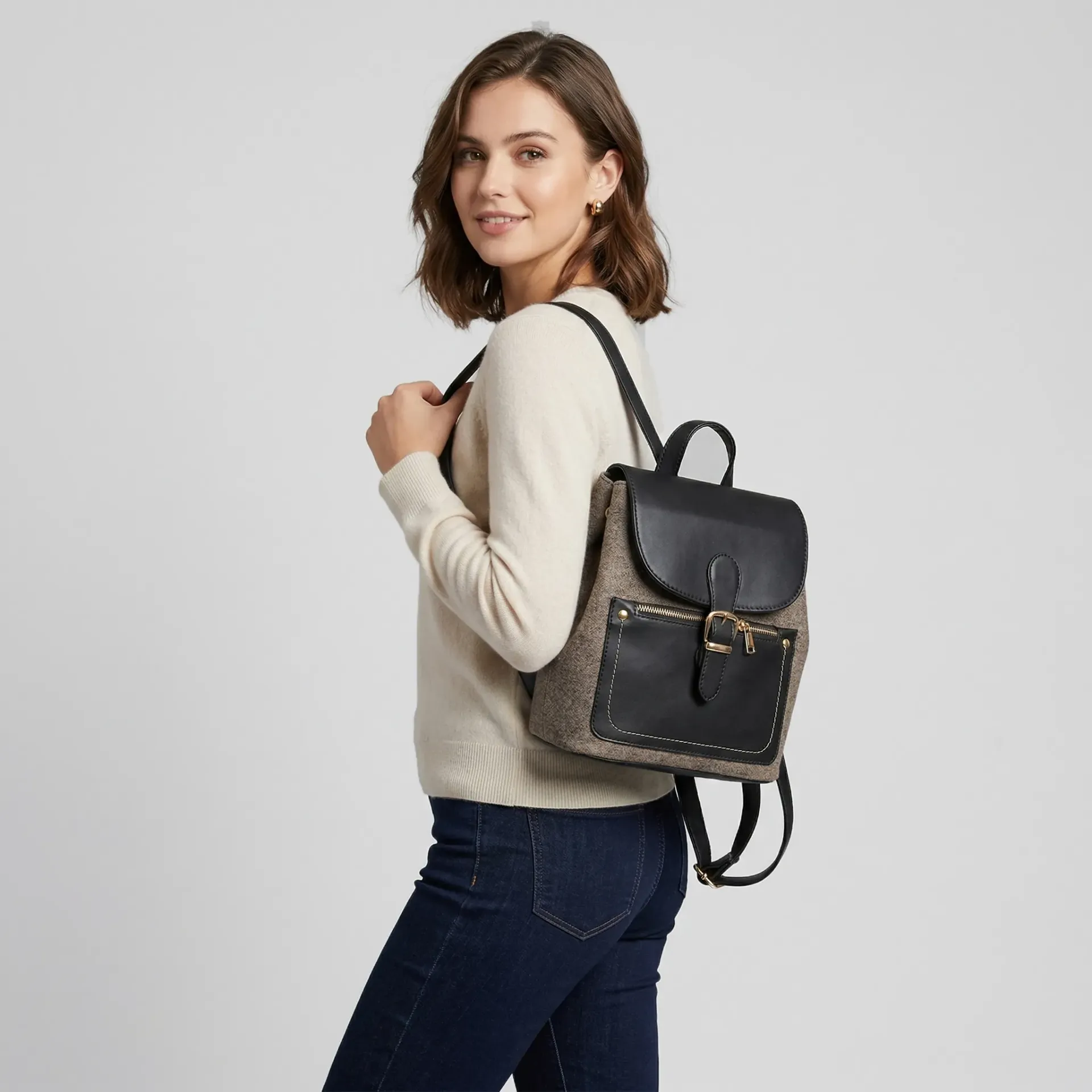 [M02SASTXCJN] MOCHILA SAMY TEXTIL  (CAPUCHINO JASPE/NEGRO)