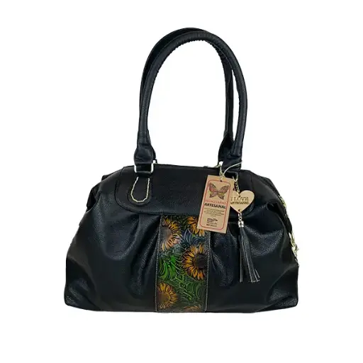 [B05VAABFGBNO] BOLSO VAQUETA ARTESANAL BRI FRANJA GIRASOL BICOLOR NEGRO O
